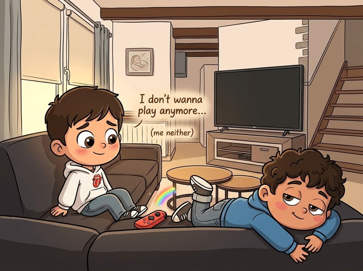 Storybook spread, two brothers leaning on each other on a sofa, giggling