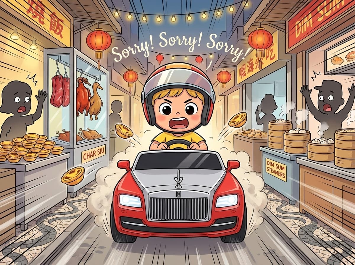 Storybook spread, boy in a red car racing through a Macau food market past char siu and pastéis de nata